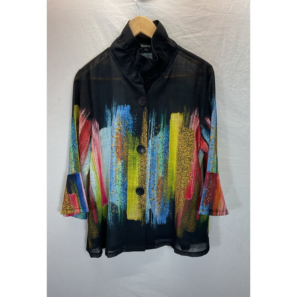 DAMEE LG Button-Up Tunic Top Colorful Crinkle Artsy Boho Flowy 3/4 Slv